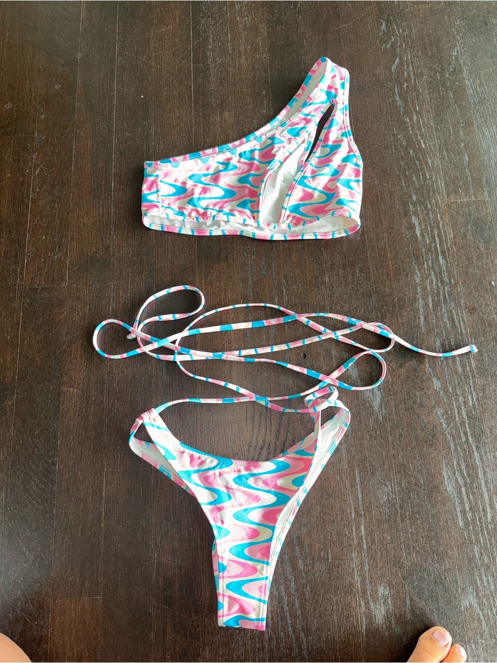 Frankie's Bikinis One-Shoulder Swirl Bikini - Pink & Turquoise